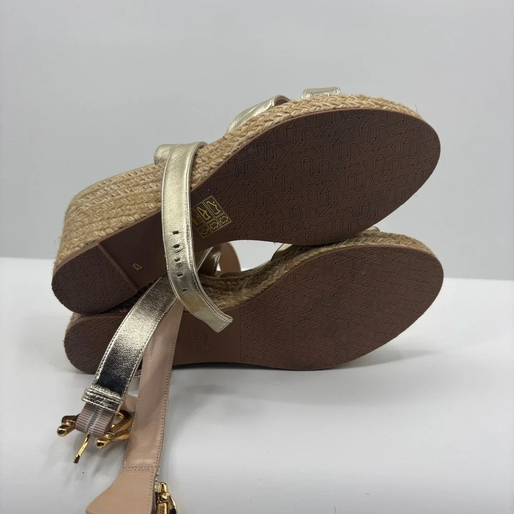 Stuart Weitzman Metallic Gold Leather Espadrille Strappy Wedge Sandals Womens 9